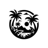 Black and White Silhouette Tropical Island Scene in a Circle, Featuring Palm Trees, Mountains, Clouds, and a Sunset. vector