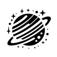 Black and White Simplified Planet with Ring, Stars, and Dots, Minimalist Cosmic Illustration. vector