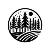 Circular Black and White Forest Illustration with Pine Trees, Hills, Moon, and Stars, a Minimalist Nature Scene. vector