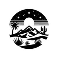 Stylized desert night scene within a circle featuring mountains, palm, cactus, moon, stars, and desert flora, in black and white. vector