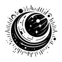 Celestial black and white minimalist illustration of a crescent moon within a circle, adorned with stars and stylized rays, representing night and space. vector