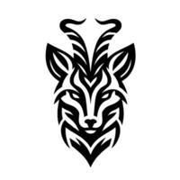 Intricate Black and White Illustration of a Mystical Creature with Horns and a Foxlike Face, Centered on a White Background. vector