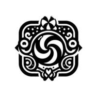 Black and white ornamental emblem featuring a stylized swirl, a striped ball, and intricate decorative flourishes within a square frame. vector
