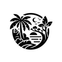 Black and white circular tropical scene with palm tree, sunset, crescent moon, birds, and foliage. Minimalist design. vector