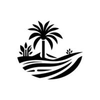 Stylized black and white island featuring a palm tree, plants, and layered land formations, exuding a minimalist and serene atmosphere. vector