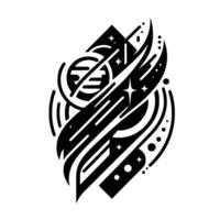 Abstract geometric in bold black and white, featuring stars, lines, curves, and a central circular element, creating a dynamic and modern composition. vector