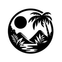 Monochromatic, circular tropical island silhouette featuring a sun, palm tree, mountains, foliage, and a body of water. vector