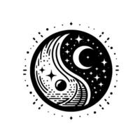 Yin Yang Symbol Depicting Celestial Harmony A Black and White Circular Illustration with Crescent Moon, Stars, and Dot Border. vector