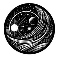 Celestial Circle Black and White Illustration of the Sun, Moon, Stars, and Cosmic Flow within a Circular Frame. vector