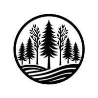 Stylized Black and White Forest Scene Encapsulated in a Circle Evergreen Trees, Deciduous Trees, and Rolling Hills. vector