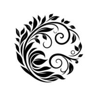 Elegant, Circular Black Floral Pattern on White, Featuring Leaves, Swirls, Decorative Accents, Creates a Harmonious, Symmetrical Element. vector