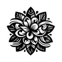 Intricate Black and White Floral Mandala A symmetrical, detailed illustration of a stylized flower with layered petals and decorative swirling patterns. vector