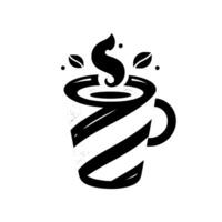 Stylized Black and White Coffee Mug with Spiraling Design, Steam, and Decorative Leaves on White Backdrop. vector