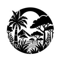 Silhouette of a tropical landscape within a circle, featuring a palm tree, mountain, and diverse flora in black and white. vector