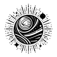 Black and White Cosmic Symbol Celestial Orb with swirling textures, radiating lines, and starry accents against a clean white backdrop. vector