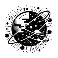Abstract, monochrome illustration of a celestial body, showcasing a stylized planet with celestial elements like stars, rings, and cosmic flares. vector