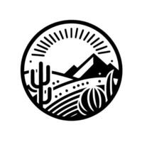 Desert Landscape Monochromatic Circle Featuring Cactus, Mountains, Sun, and Southwest Flora. vector