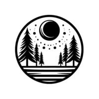 Serene Black and White Round Silhouette Crescent Moon, Forest, and Stars, Simple and Elegant Nature Scene. vector