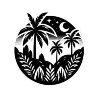 Circular Black and White Illustration of Tropical Island Scene with Palm Trees, Moon, and Stars. vector