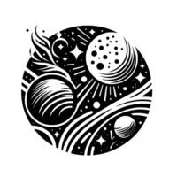 Intricate Black and White Celestial Orb Featuring Planets, Moons, Stars, and Curvilinear Elements in a Cosmic Design. vector