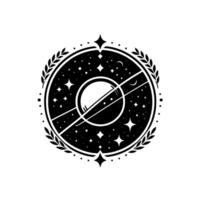 Elegant Black and White Cosmic Emblem Planet with Rings Surrounded by Stars, Crescent Moons, Laurel Wreath Detailing. vector