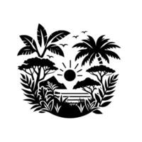 Black and White Tropical Scene Silhouette of a Sunset over a Mountain, Palm Trees and Lush Vegetation in Circular Composition. vector