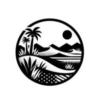 Black White, Minimalist, Circular Landscape Illustration Palm Trees, Mountains, Sun, Dunes, and Grass, a serene desert scene. vector