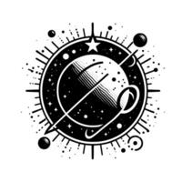 Celestial Compass A Black and White Cosmic with Star, Spheres, Swirls, and Directional Indicators Within a Circular Frame. vector