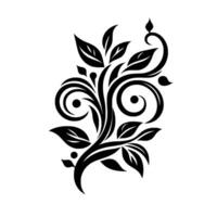 Elegant black and white floral with stylized leaves, swirls, and delicate droplet accents, isolated on a pure white background. vector