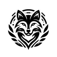 Monochrome Stylized Fox Head Within Circle Frame, Foliage, Bold Lines, Clean Design, Icon, Modern Emblem, Brand Identity vector