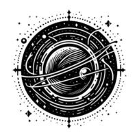 Intricate Celestial Diagram Black White Illustration of a Planet Surrounded by Orbits, Stars, and Geometric Elements. vector