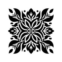 Symmetrical Floral Ornament A Black and White Square with Leafy Patterns and Dots on a White Background. vector