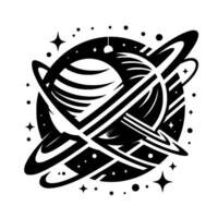 Intricate black and white illustration of a planet with multiple rings, stars, and orbiting elements, creating a dynamic cosmic composition. vector