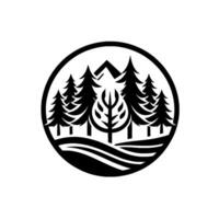 A minimalist black and white circular featuring stylized trees, hills, and a mountain silhouette, evoking a sense of nature and tranquility. vector