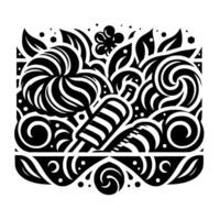 Striking Black and White Pattern Illustrating a Lollipop, Ice Cream, and Floral Elements in a Decorative Border. vector
