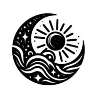 Celestial YinYang Sun and Crescent Moon Intertwined with Waves and Stars in a Bold Black and White Design. vector
