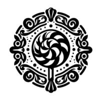 Ornate Black and White Swirl Lollipop Within Decorative Symmetrical Frame, Emblem Design. vector