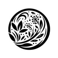 Black and White Circular Botanical with Leaves, Berries, and Floral Elements Inside a Bold Border. vector
