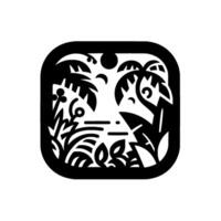 Black and White Tropical Landscape Stylized Palm Trees, Vegetation, Sun, and Water Within a Rounded Square Frame. vector