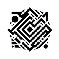 Geometric Black and White Abstract Featuring a Complex Labyrinthine Pattern Inside a Circular Shape with Additional Dot and Line Accents. vector