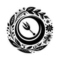 Intricate Black and White Floral and Utensil Circular with Leafy Border and Decorative Elements. vector
