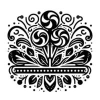 Intricate black and white illustration of three swirl lollipops surrounded by floral and ornamental design, symmetrical composition. vector
