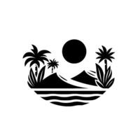 A monochrome tropical landscape featuring a sun, palm trees, mountains, and a serene ocean, set in a circular frame. vector