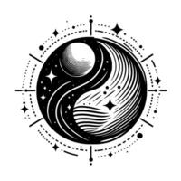 Cosmic Yin Yang Black and White Illustration of Balance, Harmony, and Celestial Spheres, Embellished with Starbursts and Geometric Borders. vector