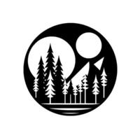 Serene black and white circle featuring a silhouette of a forest of pine trees, moons, and a mountain peak. vector