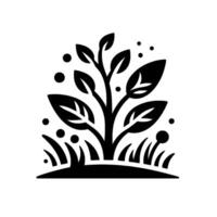 Black and White Botanical Illustration Featuring a stylized plant with leaves, grass, and floating dots, conveying a sense of growth and natures simplicity. vector