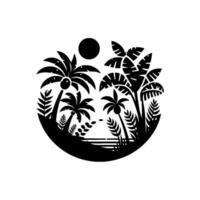 Stylized black and white tropical landscape illustration within a circular frame, featuring palm trees, sun, and foliage. vector