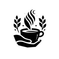 illustration of a stylized hand cradling a steaming coffee cup, adorned with foliage and crescent moon accents, embodying warmth and tranquility. vector