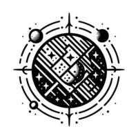 Geometric Celestial Compass A minimalist black and white illustration of a stylized planet and star constellations within a directional frame, suggesting navigation. vector
