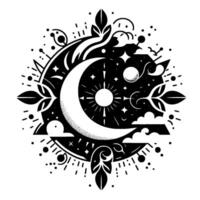 Celestial Mandala A black and white symmetrical illustration featuring a crescent moon, sun, stars, clouds, and botanical elements within a decorative border. vector